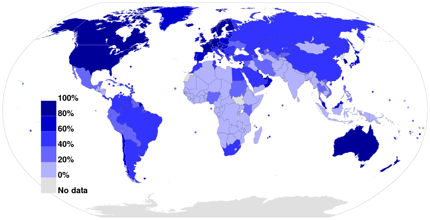 Pourcentage de personnes connectées à Internet par rapport au nombre d'habitants, 2012.